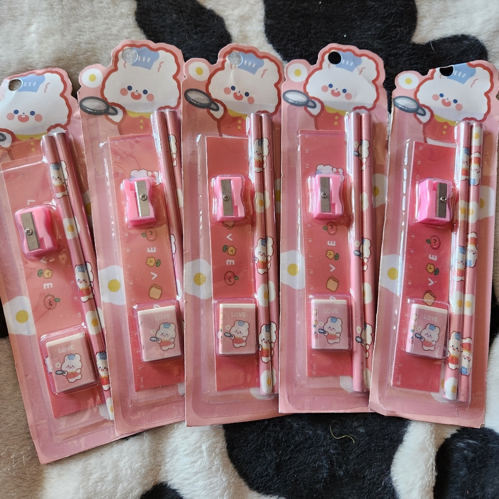 NIB 5 PACK LOT OF GIRLS BUNNY PENCILS W SHARPENER ERASER ETC